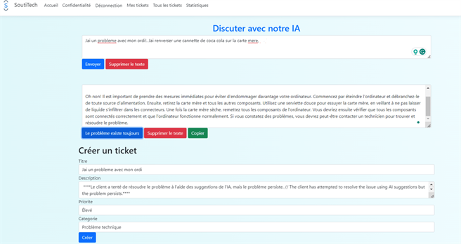 AI chatbot answering a support question above the create-ticket form